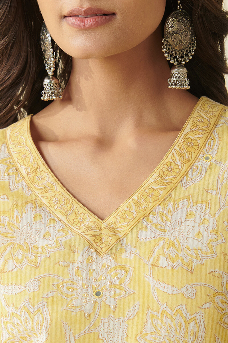 Yellow Hand Block Printed Straight Cotton Dobby Kurta