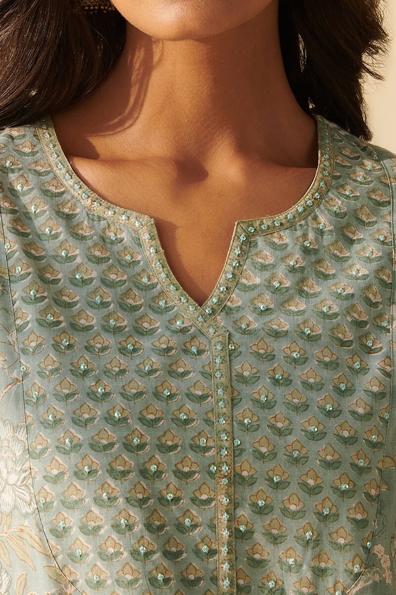 Blue Hand Block Printed Straight Cotton Slub Kurta