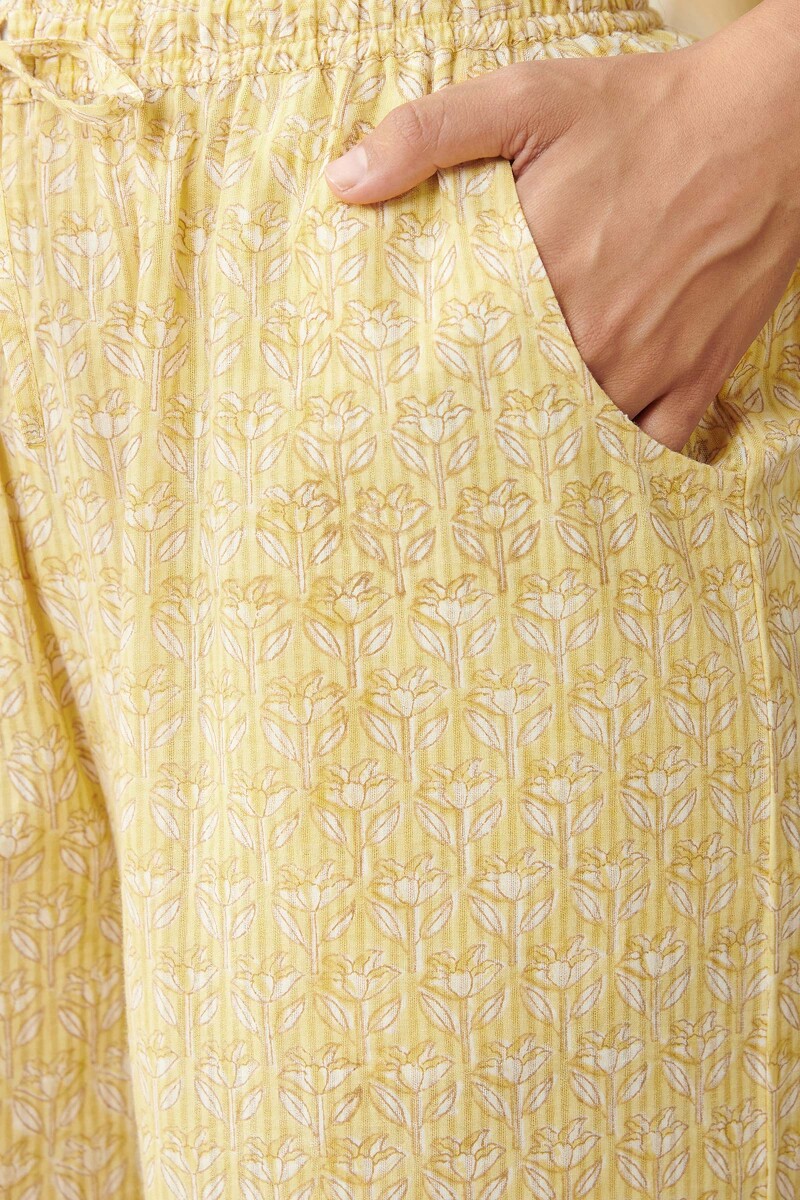 Yellow Hand Block Printed Cotton Dobby Palazzos