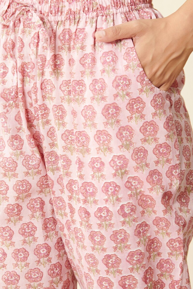 Pink Hand Block Printed Cotton Narrow Pants
