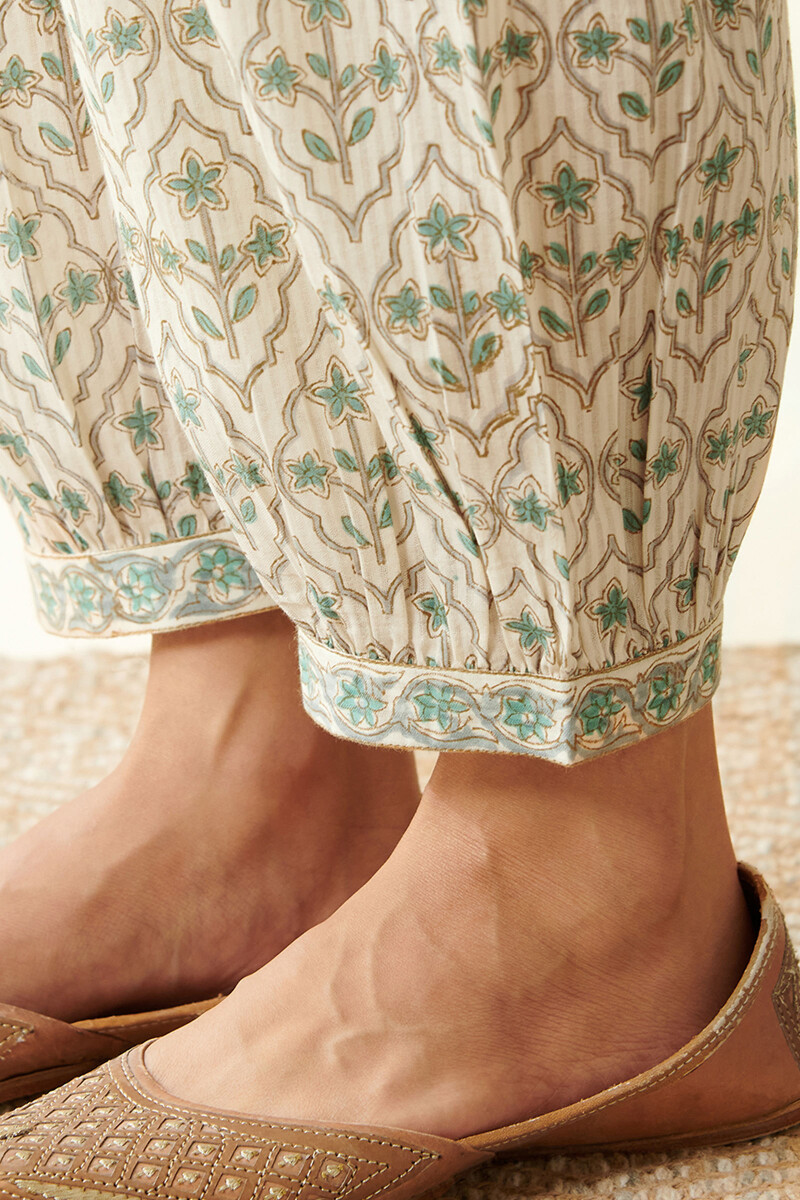 Off-White Hand Block Printed Dobby Izhaar Pants