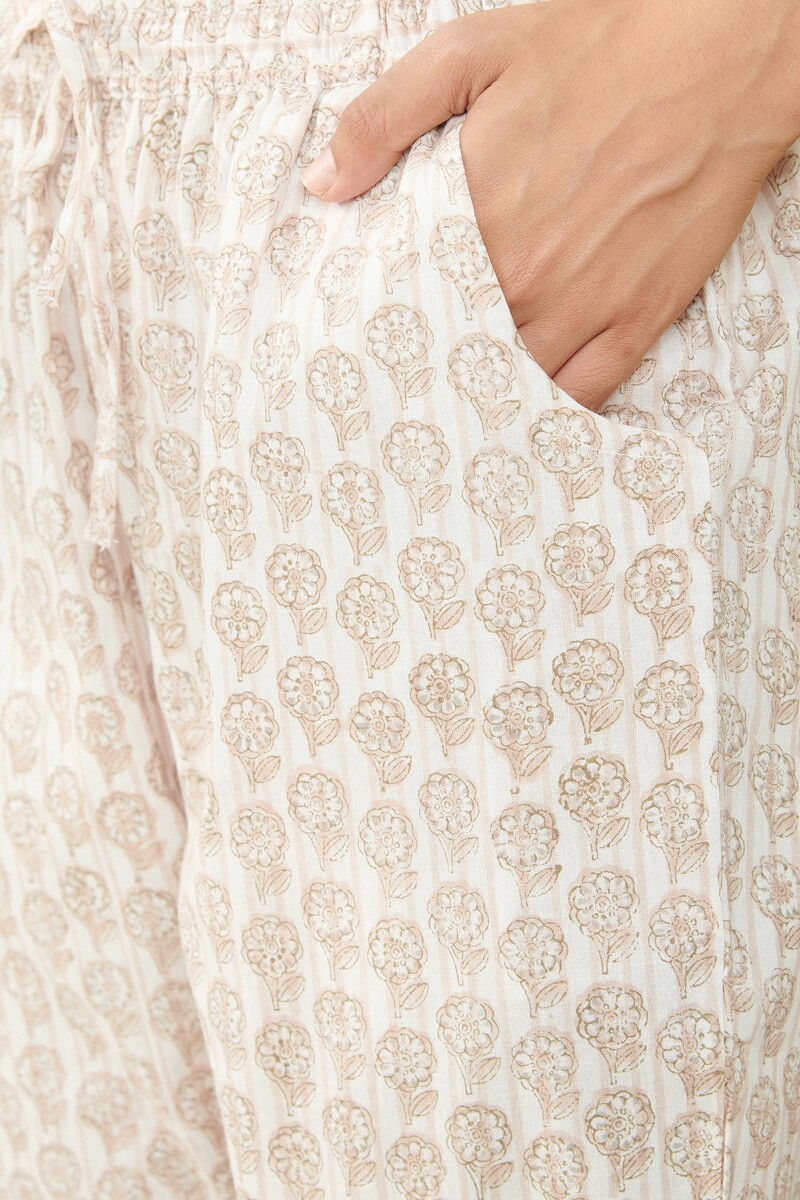 Off-White Hand Block Printed Cotton Narrow Pants