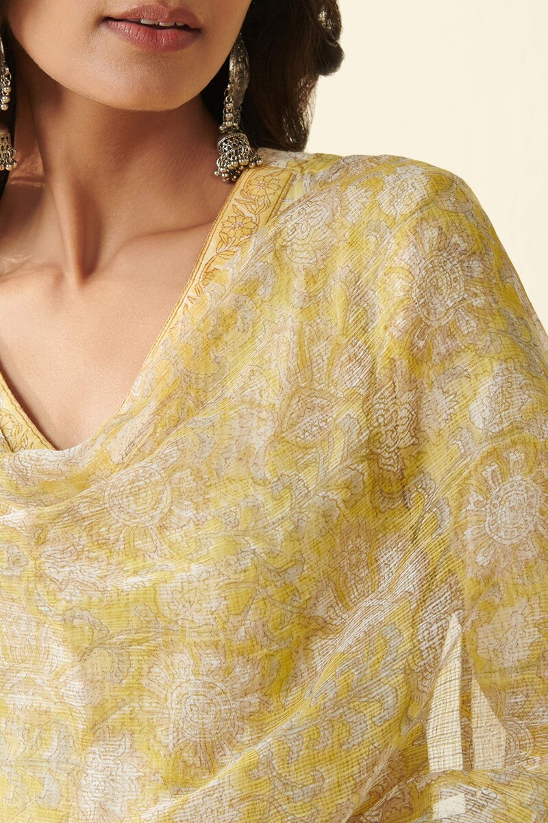 Yellow Hand Block Printed Kota Dupatta