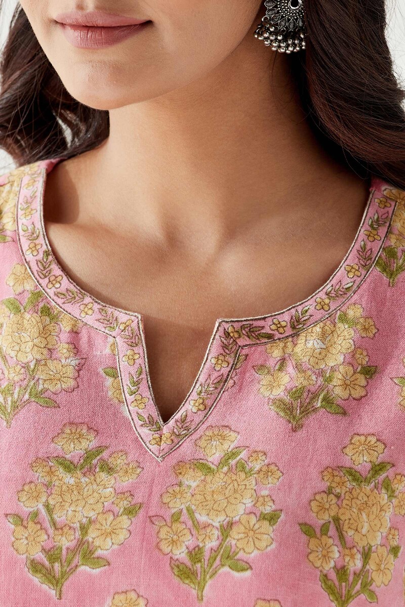 Pink Hand Block Printed Straight Cotton Flax Kurta