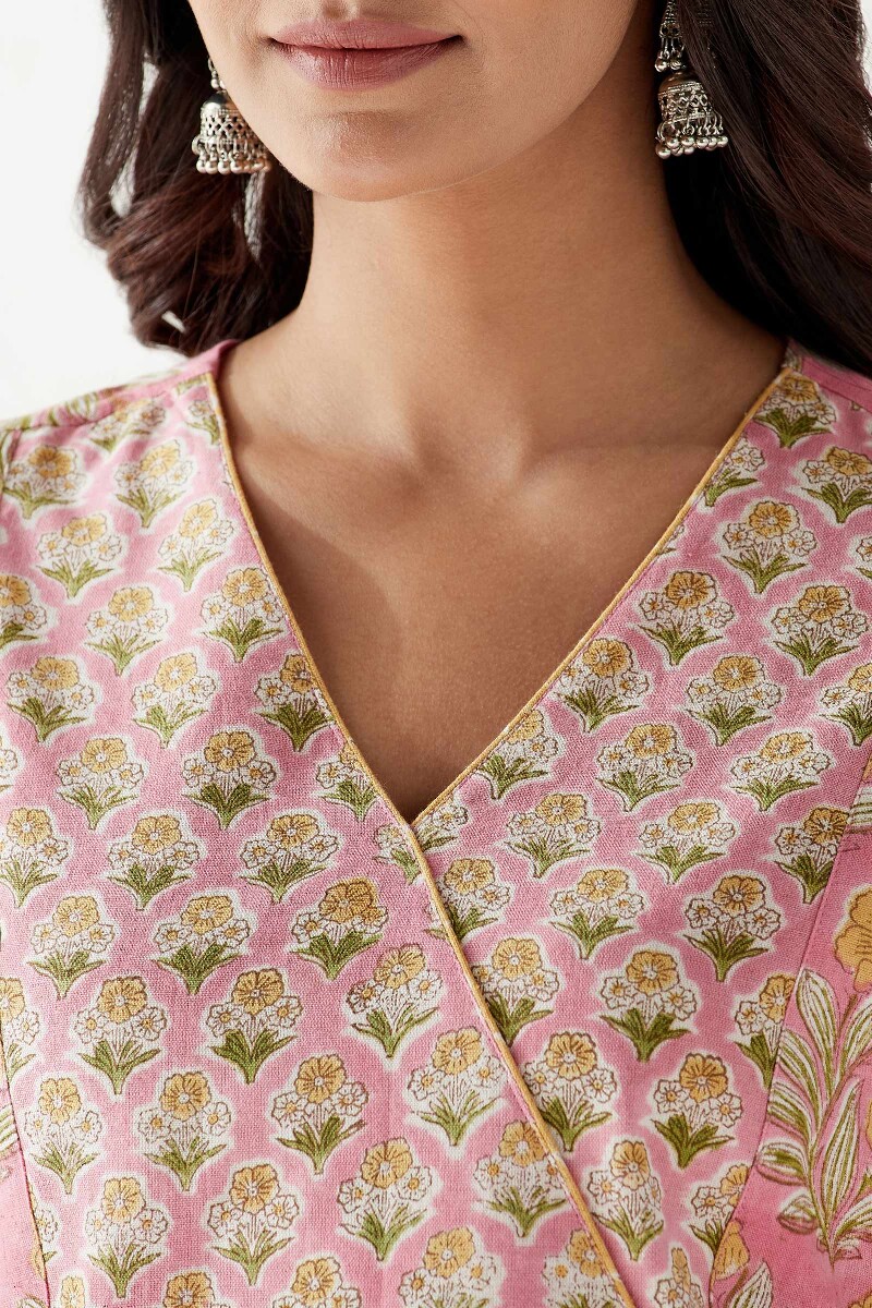 Pink Hand Block Printed Straight Cotton Flax Kurta