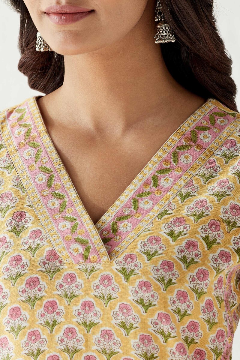 Yellow Hand Block Printed Straight Cotton Flax Kurta