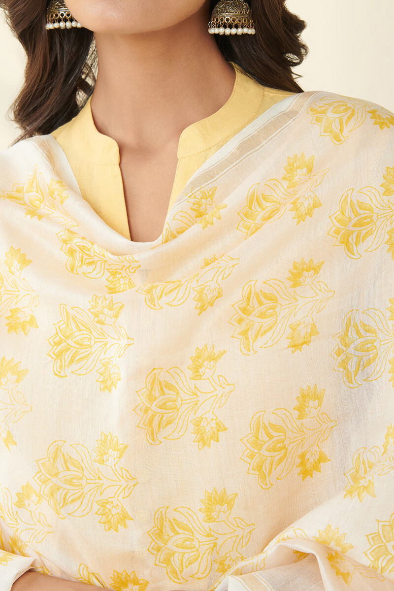 Off-White Hand Block Printed Chanderi Dupatta