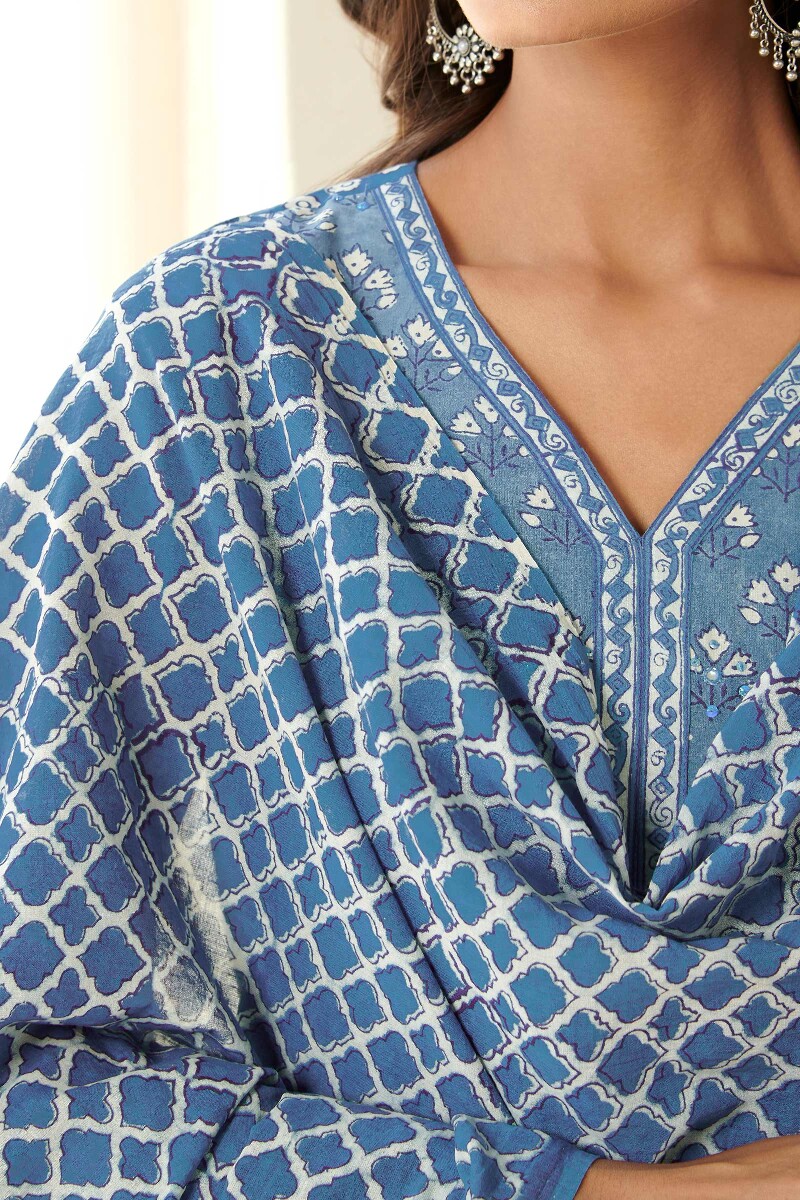 Indigo Hand Block Printed Cotton Mul Dupatta