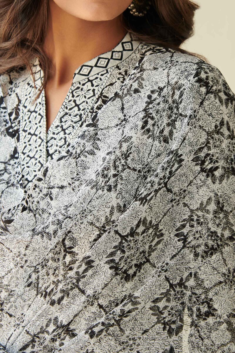 White Hand Block Printed Kota Dupatta