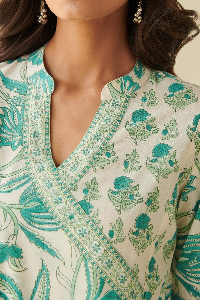 Turquoise Hand Block Printed A-Line Cotton Kurta