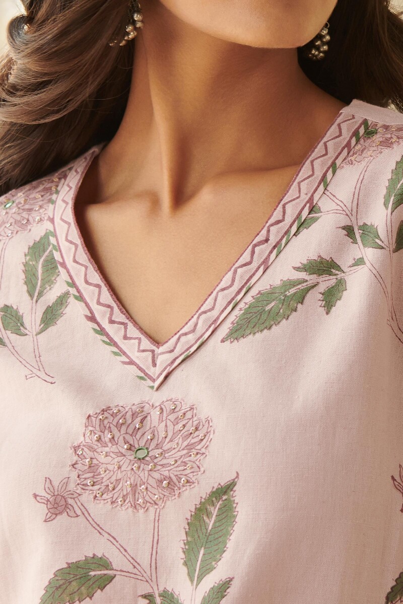 Pink Block Printed Straight Cotton Flax Kurta