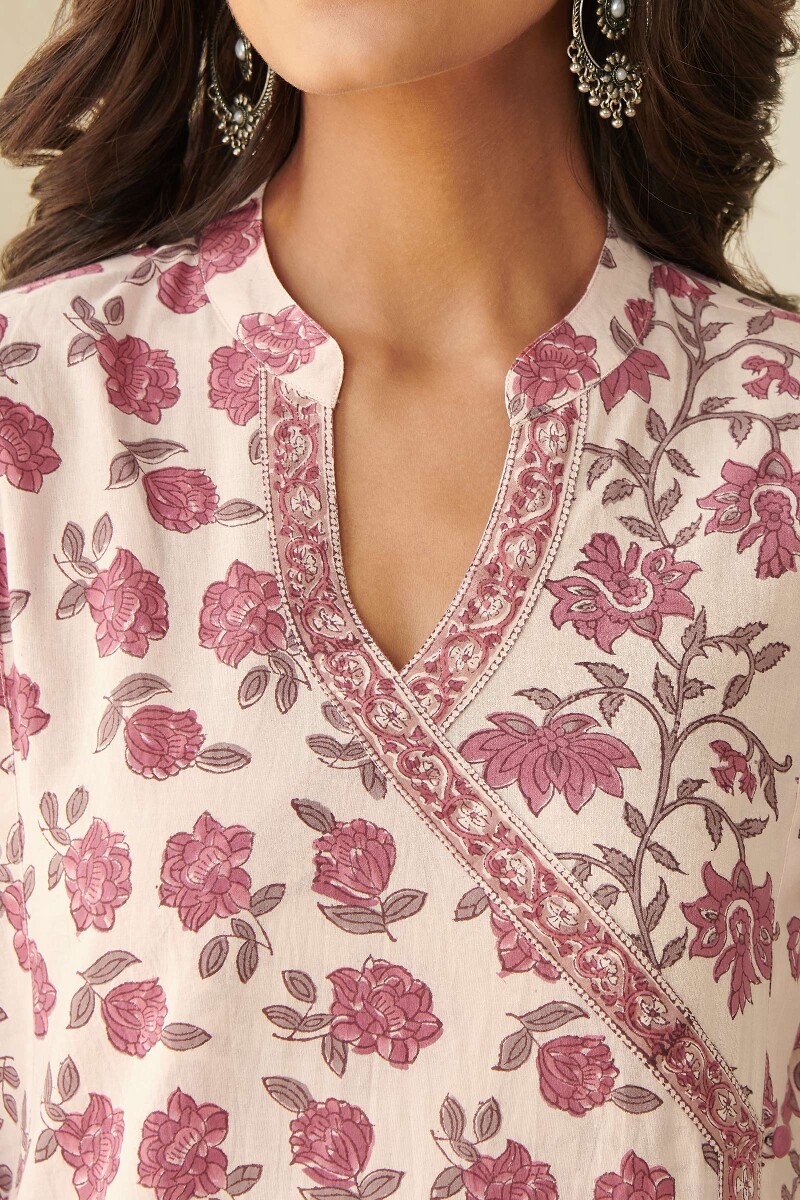 Pink Hand Block Printed Angrakha Cotton Kurta