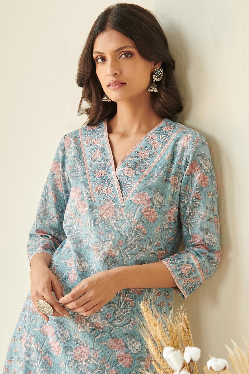 Blue Hand Block Printed A-Line Cotton Kurta