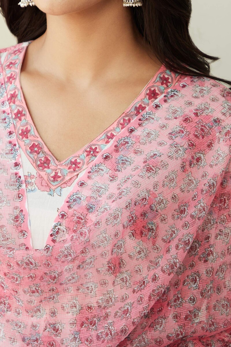 Pink Hand Block Printed Kota Dupatta