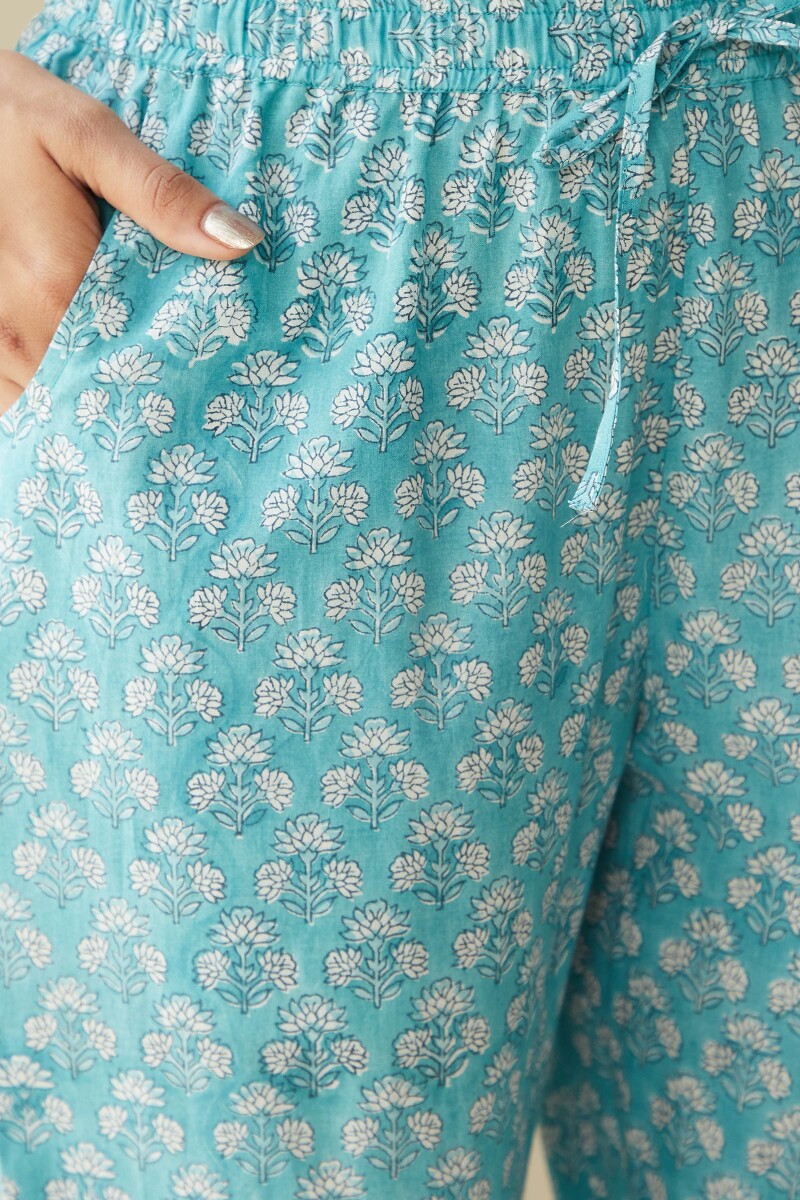 Blue Hand Block Printed Cotton Narrow Pants