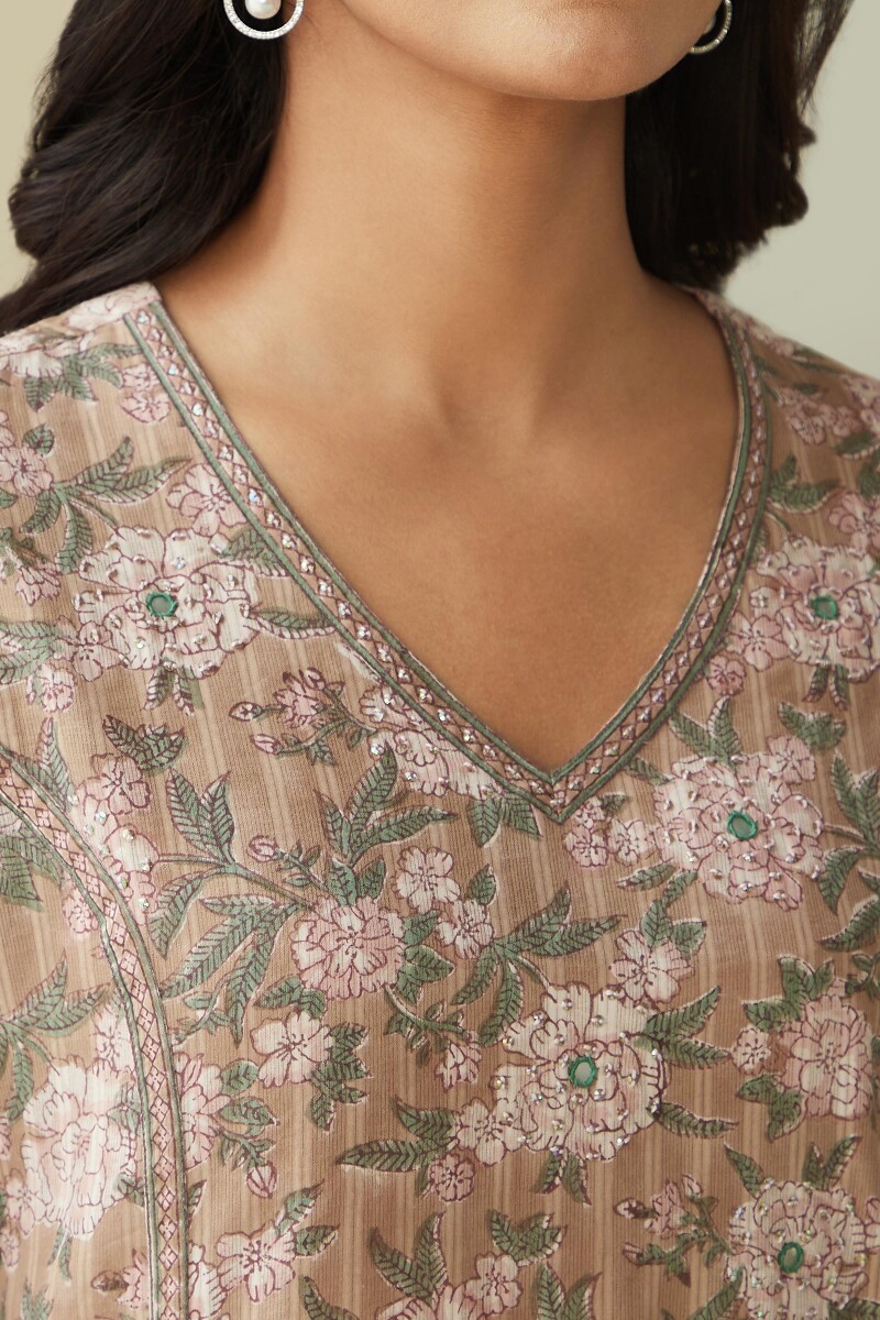 Brown Hand Block-Printed Straight Cotton Dobby Kurta