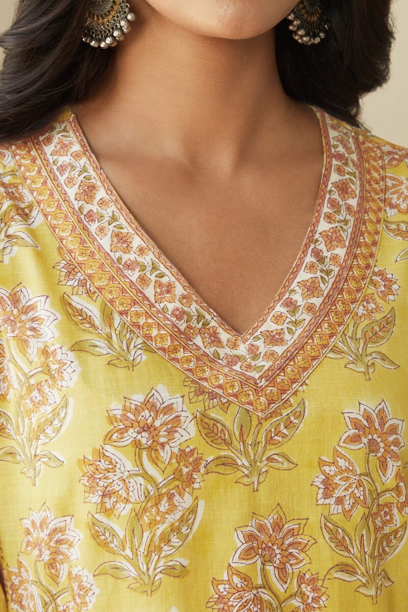 Yellow Hand Block-Printed Straight Cotton Kurta
