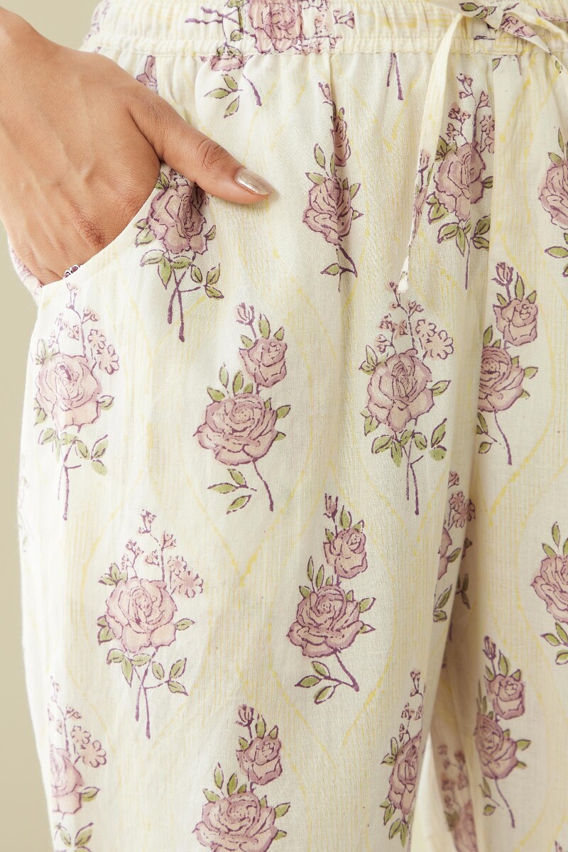 Yellow Hand Block-Printed Cotton Narrow Pants