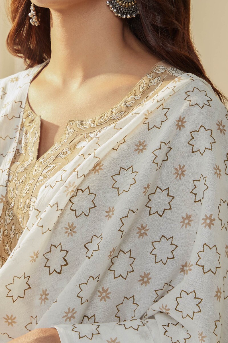 White Hand Block Printed Cotton Dupatta
