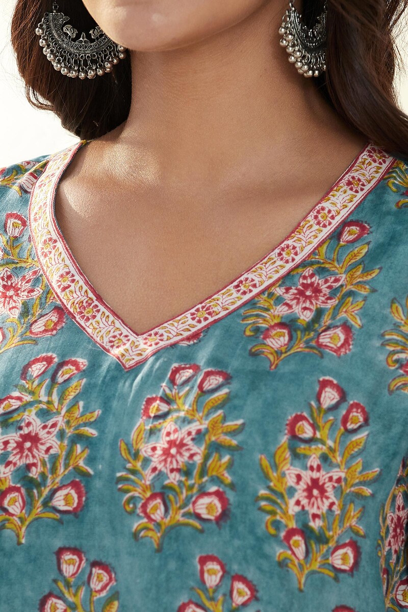 Blue Hand Block Printed Straight Modal Kurta