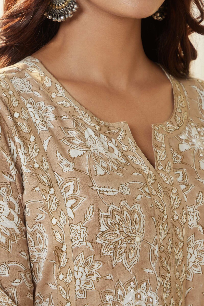 Brown Hand Block Printed Straight Cotton Kurta