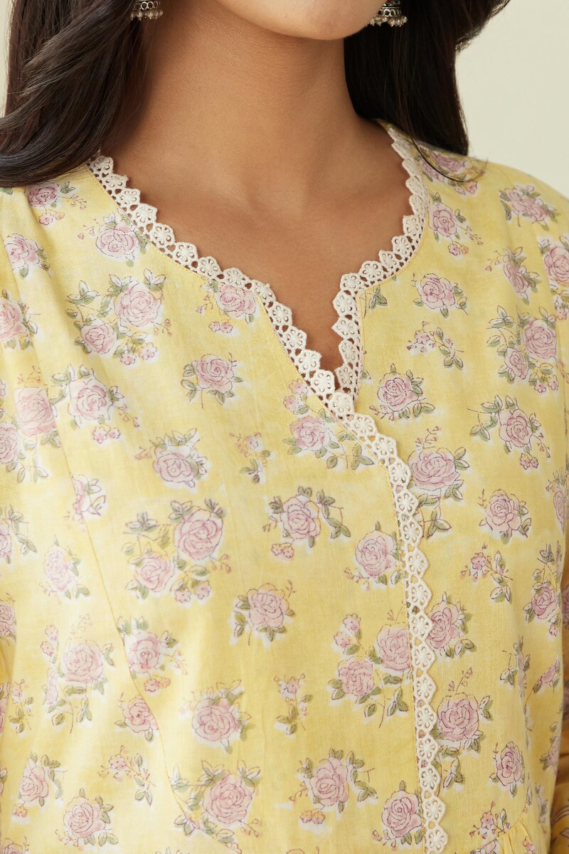 Yellow Hand Block Printed A-Line Cotton Kurta