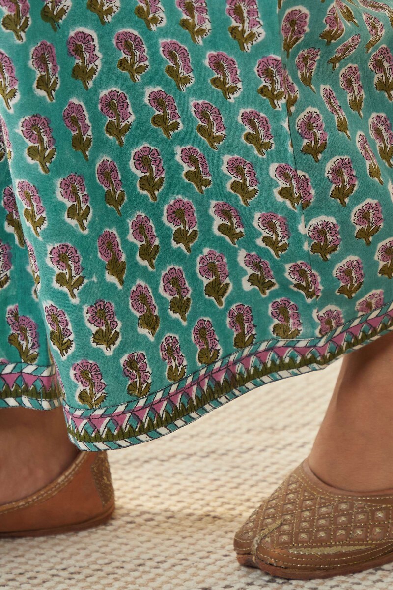 Turquoise Hand Block-Printed Cotton Farsi