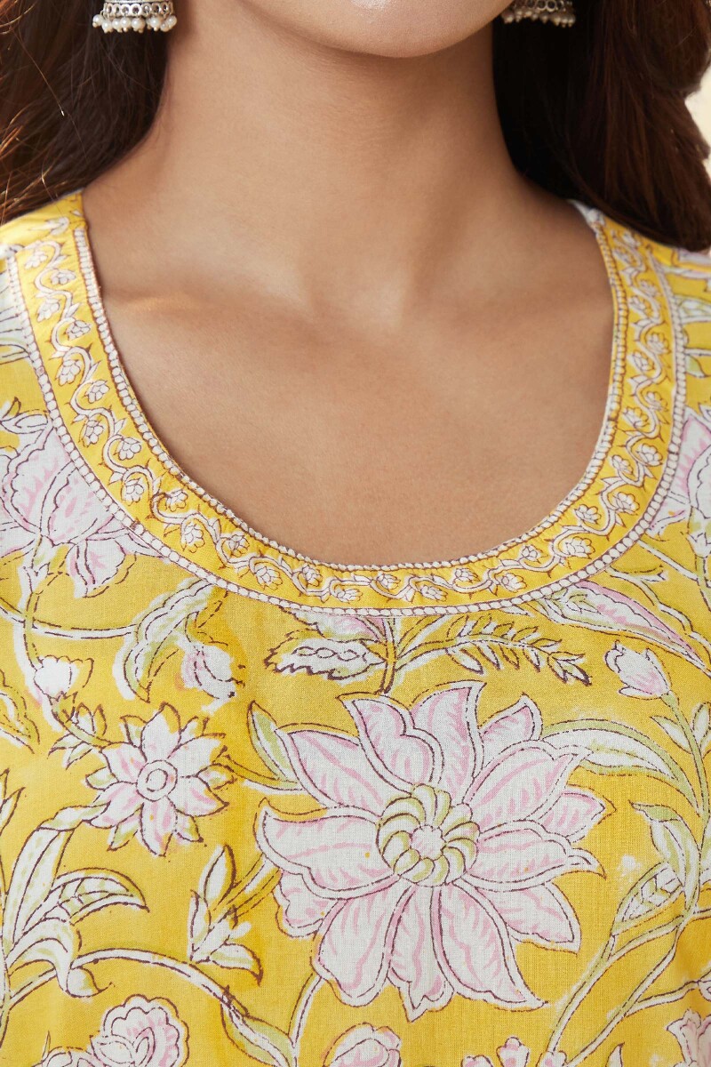 Yellow Hand Block-Printed Straight Cotton Kurta