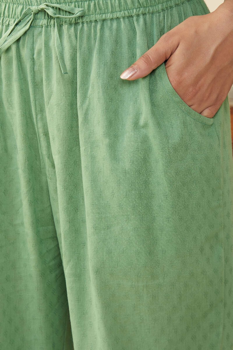 Green Handcrafted Cotton Dobby Narrow Pants
