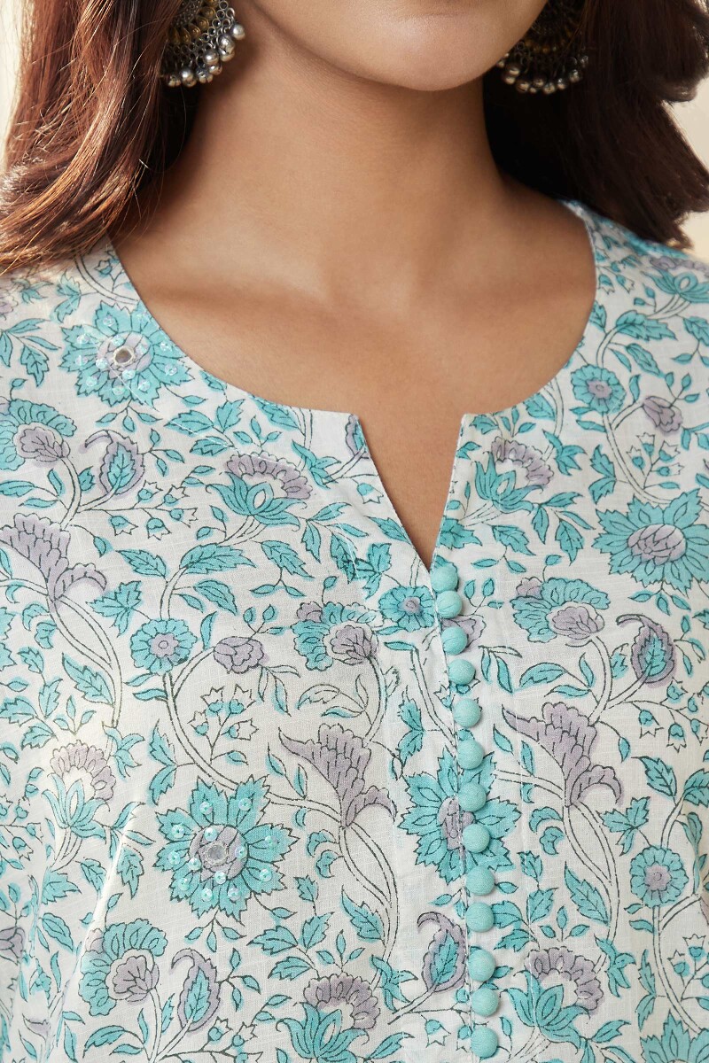 White Hand Block-Printed Straight Cotton Slub Kurta