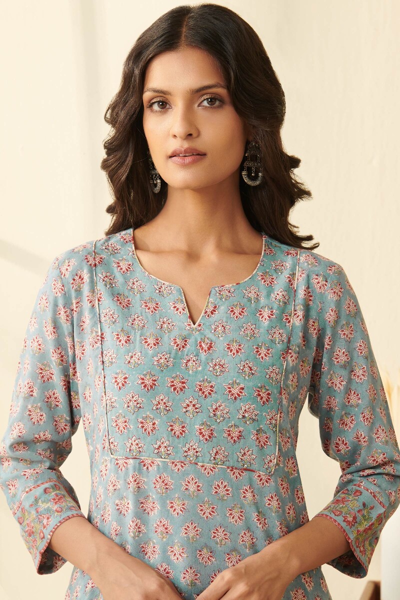 Blue Hand Block Printed Straight Modal Kurta