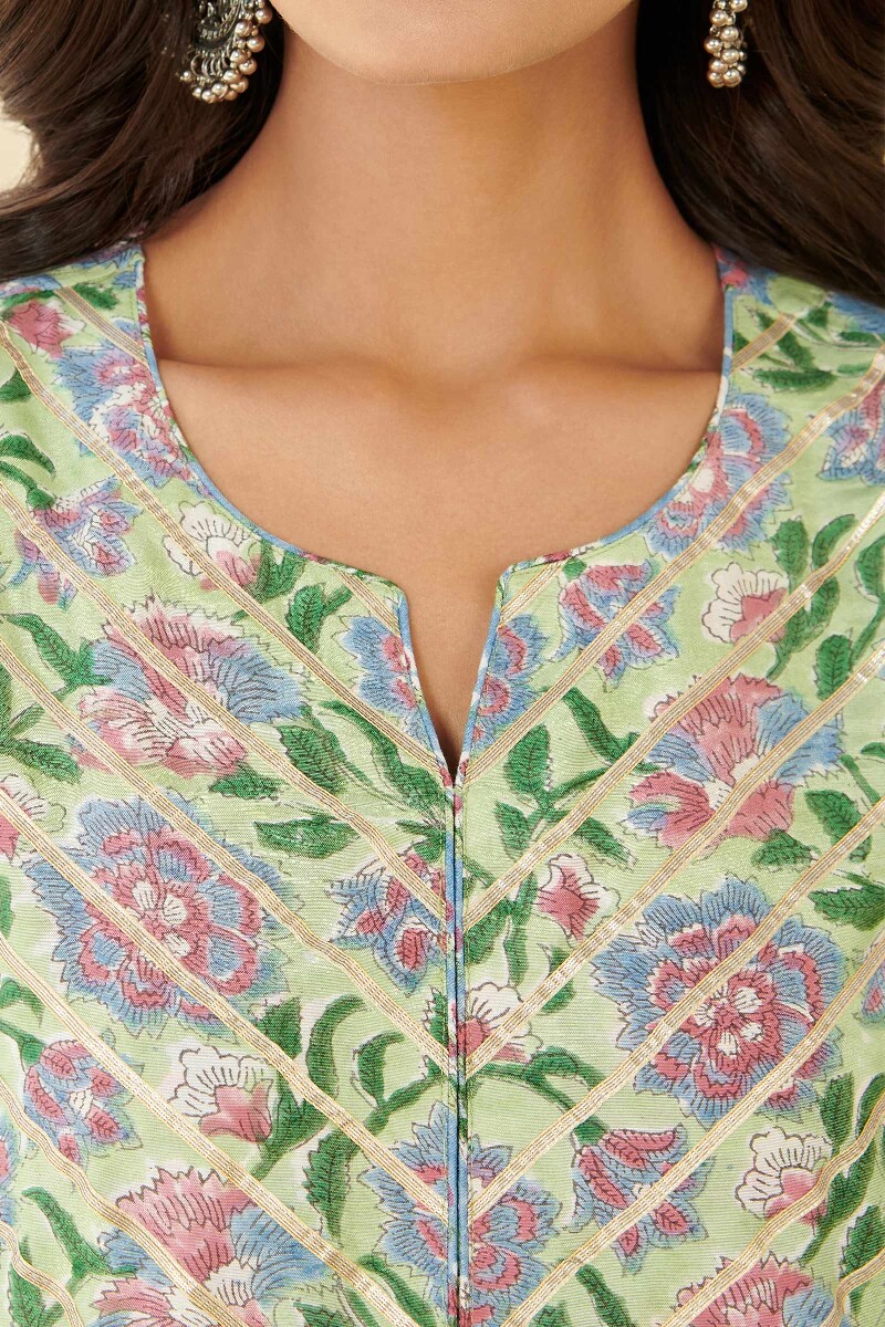 Green Block Printed Straight Cotton Kurta