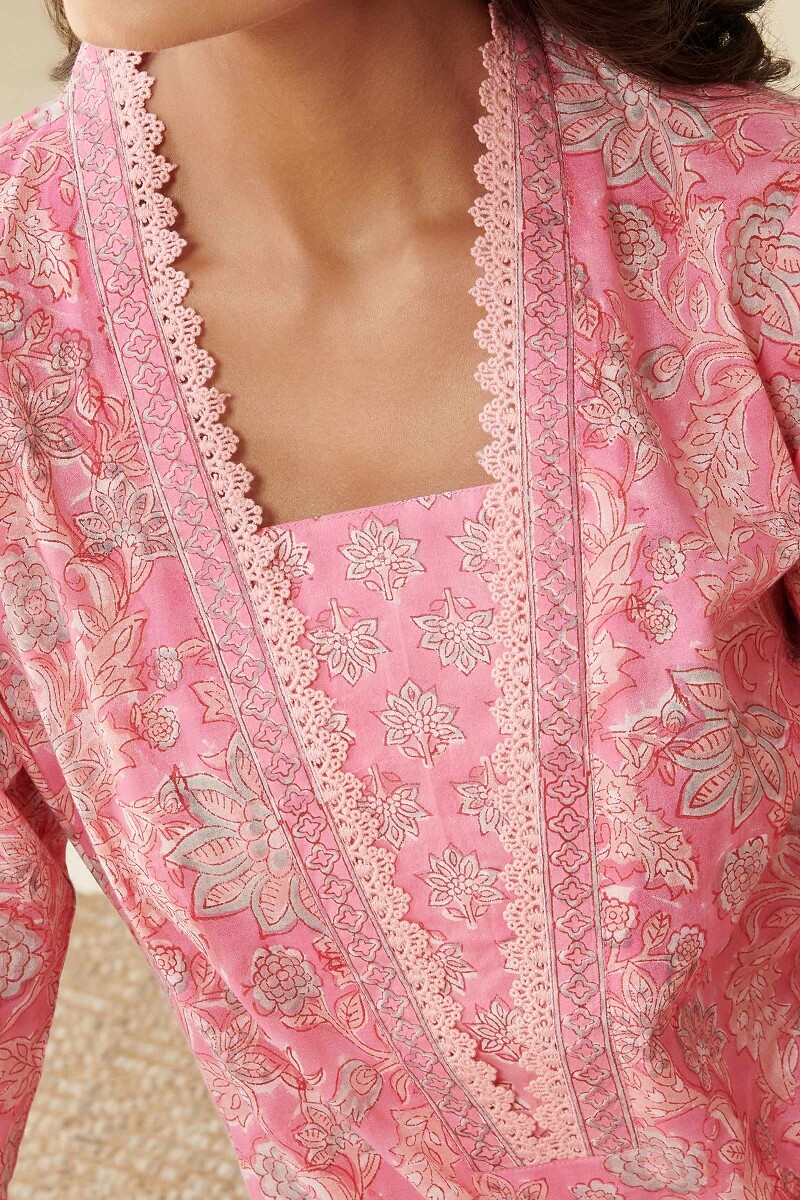 Pink Hand Block Printed Straight Cotton Kurta