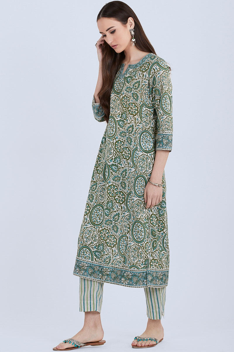 Green Block Printed Straight Cotton Kurta