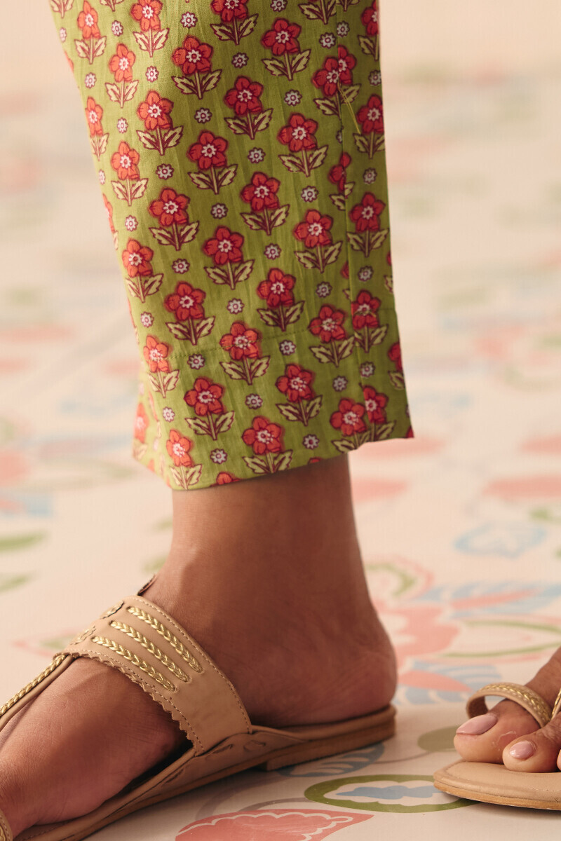 Green Hand Printed Cotton Slub Narrow Pants