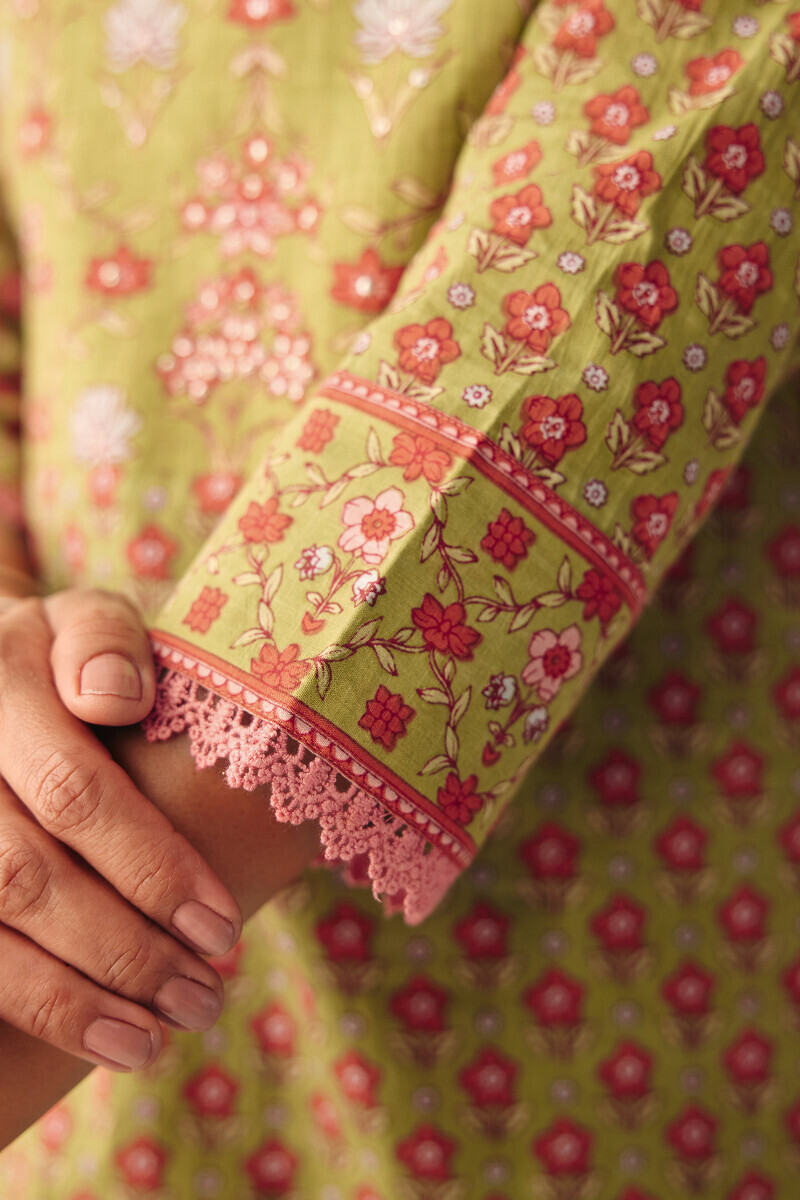 Green Hand Printed Straight Cotton Slub Kurta