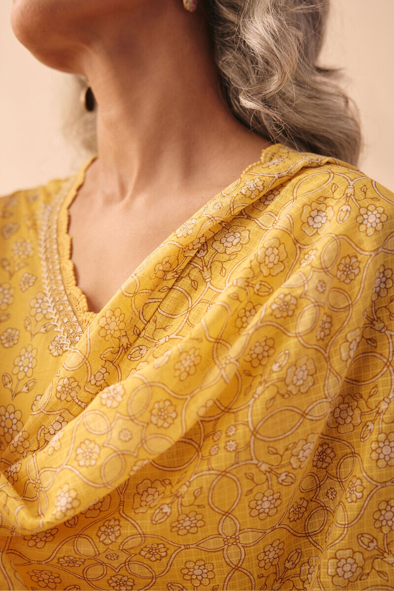 Yellow Hand Printed Kota Dupatta
