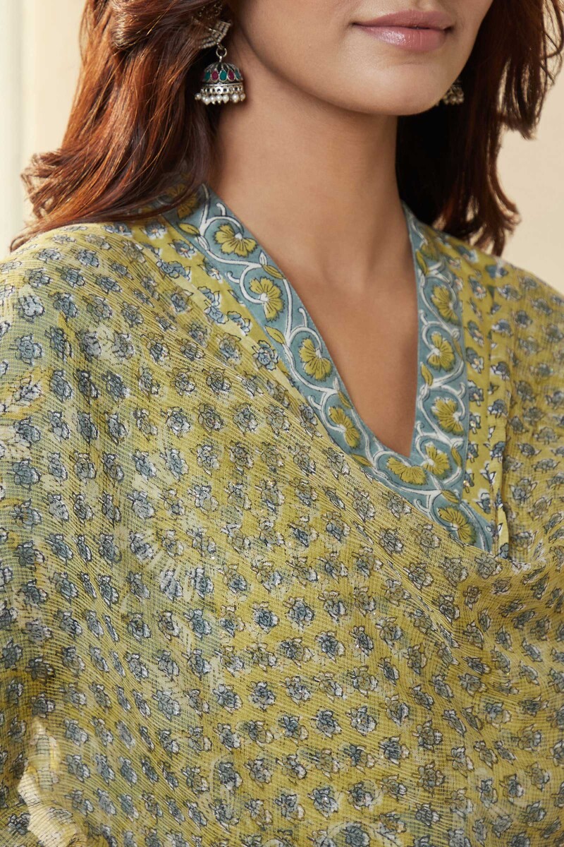 Mustard Hand Block-Printed Kota Dupatta