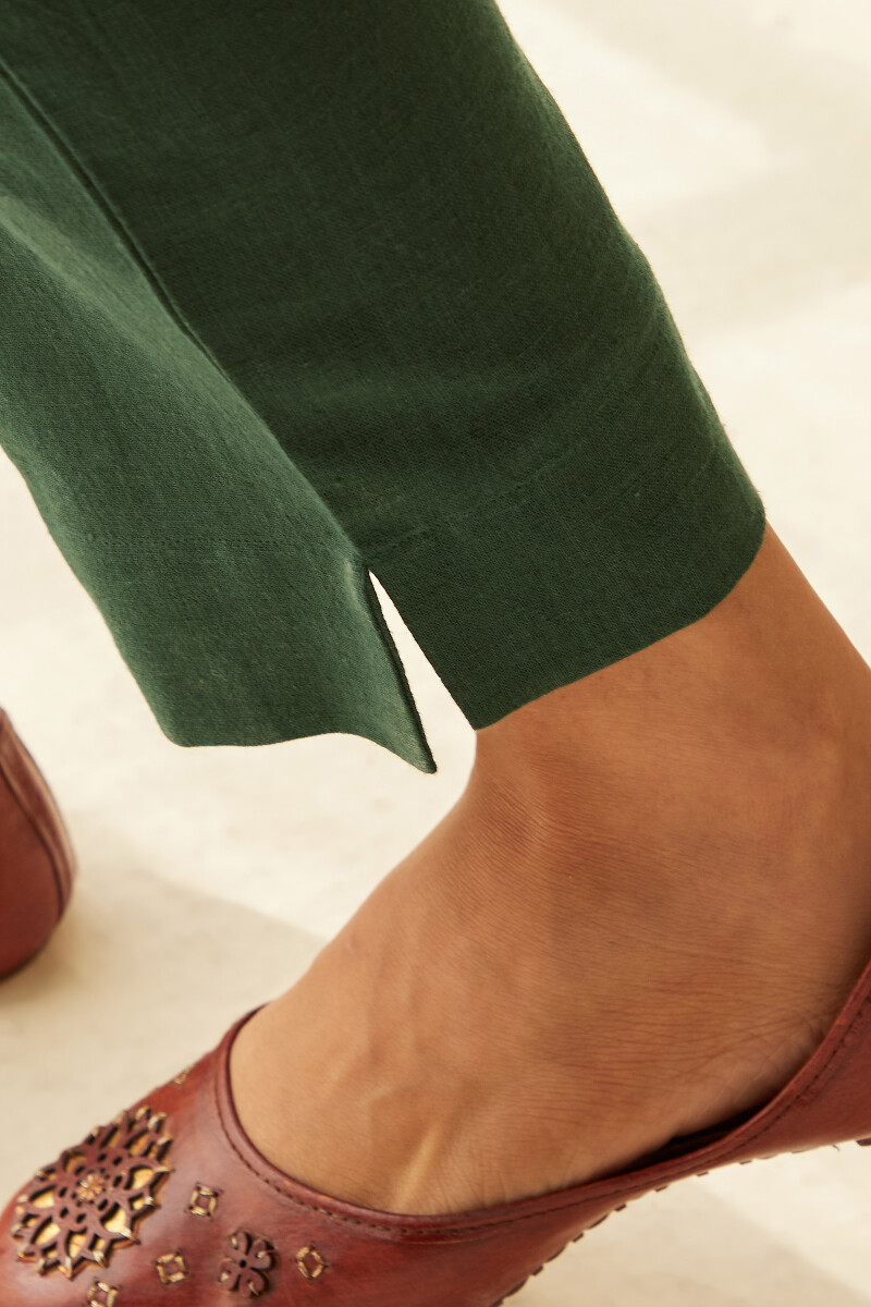 Forest Green Handcrafted Cotton Flax Narrow Pants