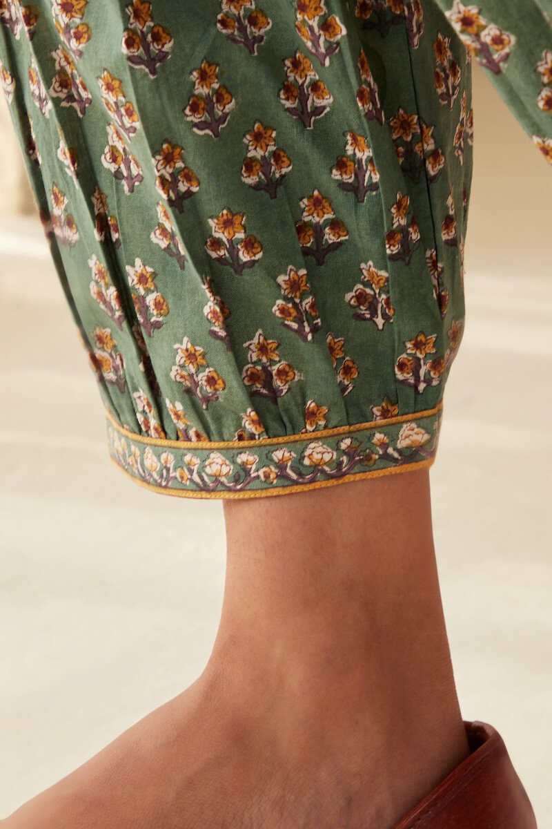 Green Hand Block-Printed Cotton Izhaar Pants