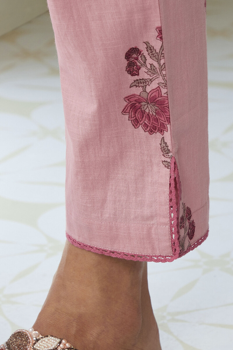Purple Hand Block-Printed Cotton Slub Narrow Pants
