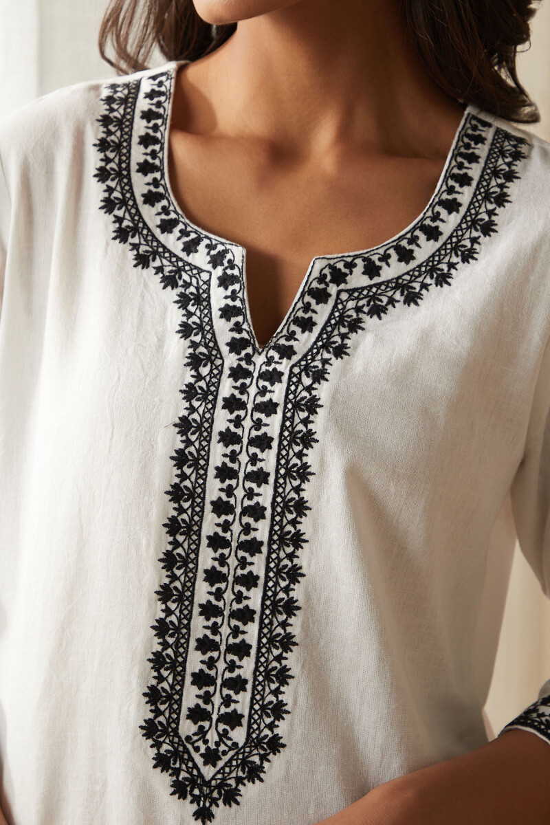 White Handcrafted Straight Cotton Flax Kurta