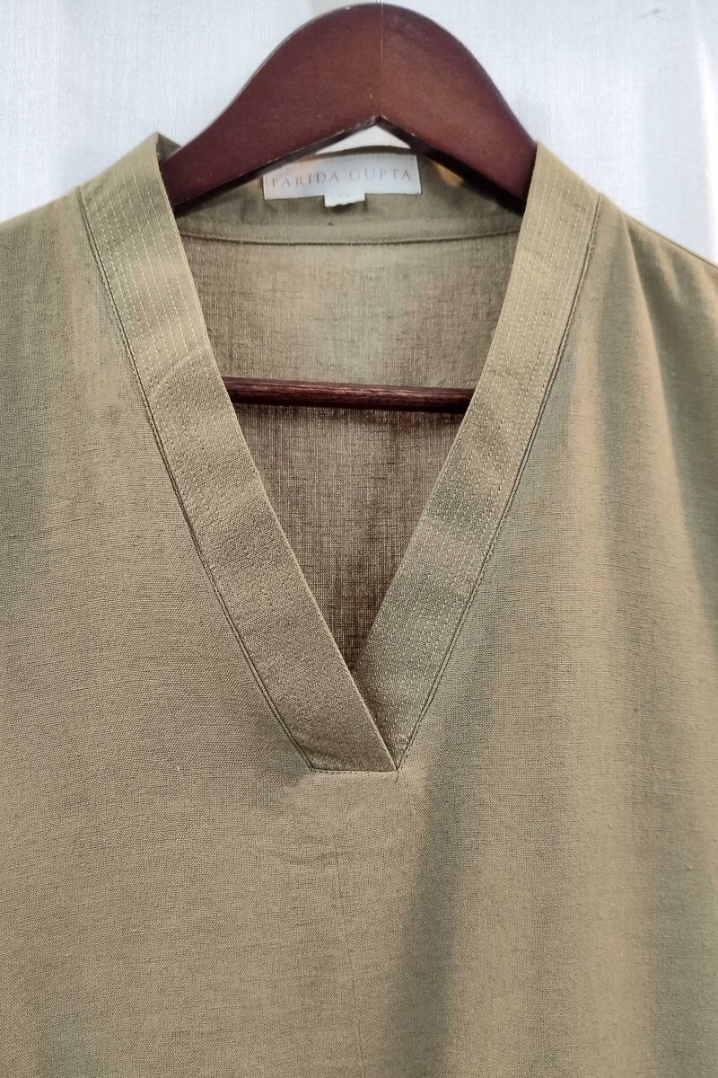 Olive Green Handcrafted Straight Handloom Cotton Kurta
