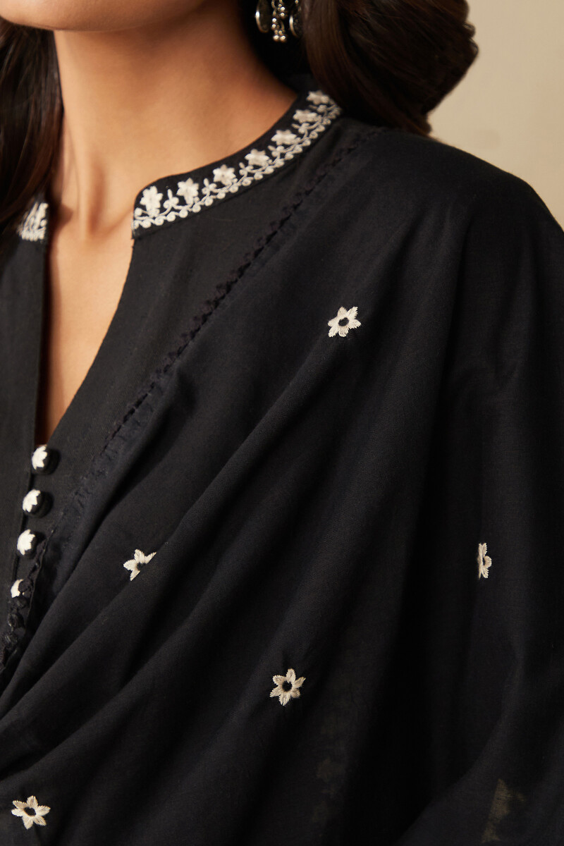 Black Handcrafted Cotton Mul Dupatta