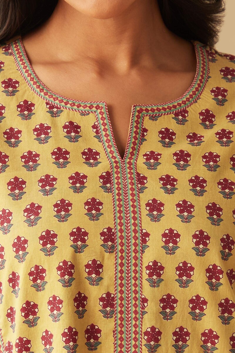 Yellow Hand-Printed Cotton Kaftan