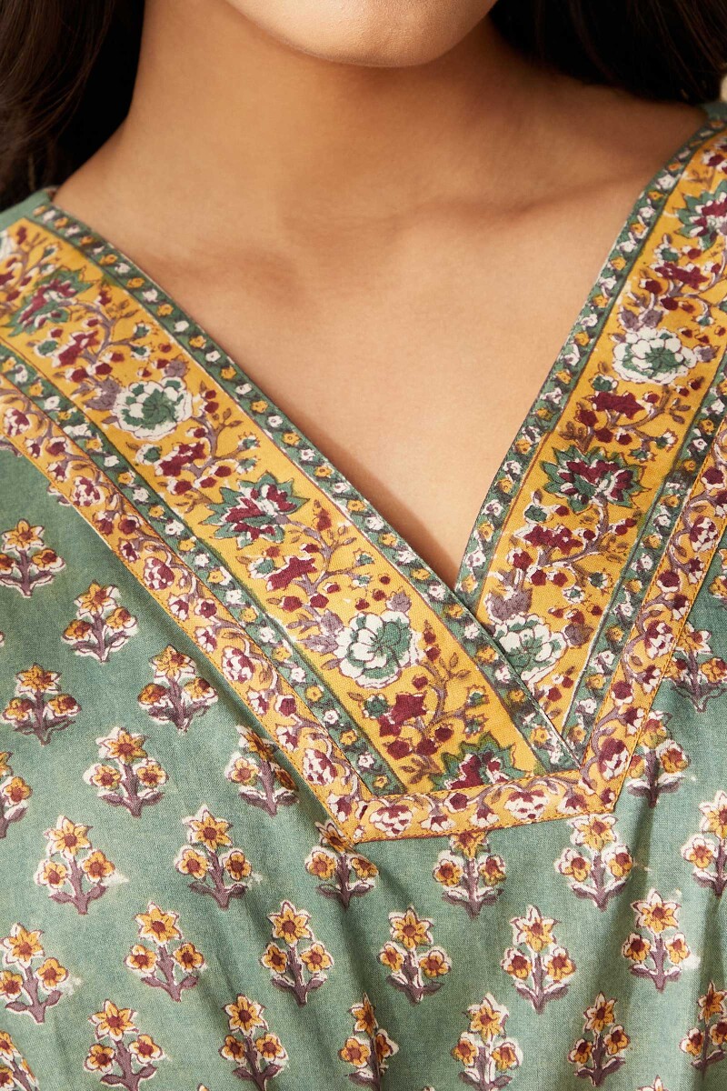 Green Hand Block-Printed Cotton Kaftan