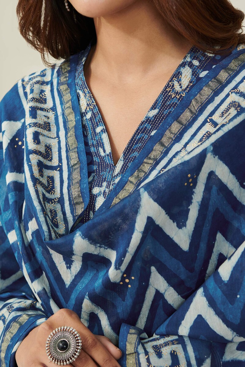 Indigo Hand Block-Printed Chanderi Dupatta