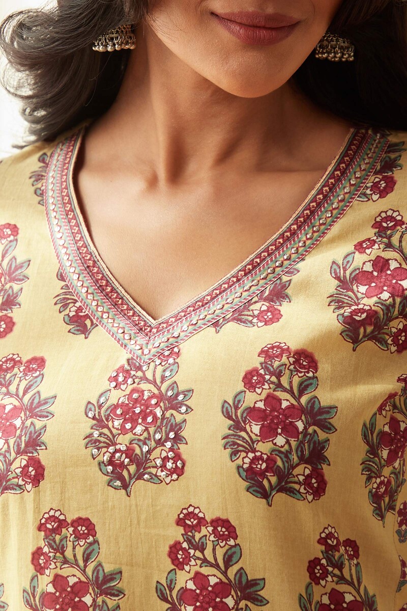 Yellow Hand-Printed Straight Cotton Kurta
