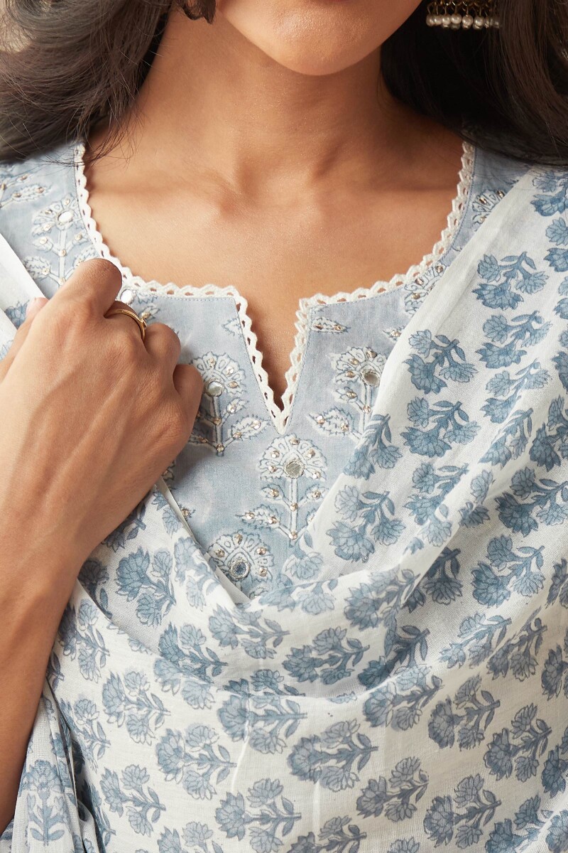 White Hand Block-Printed Cotton Mul Dupatta