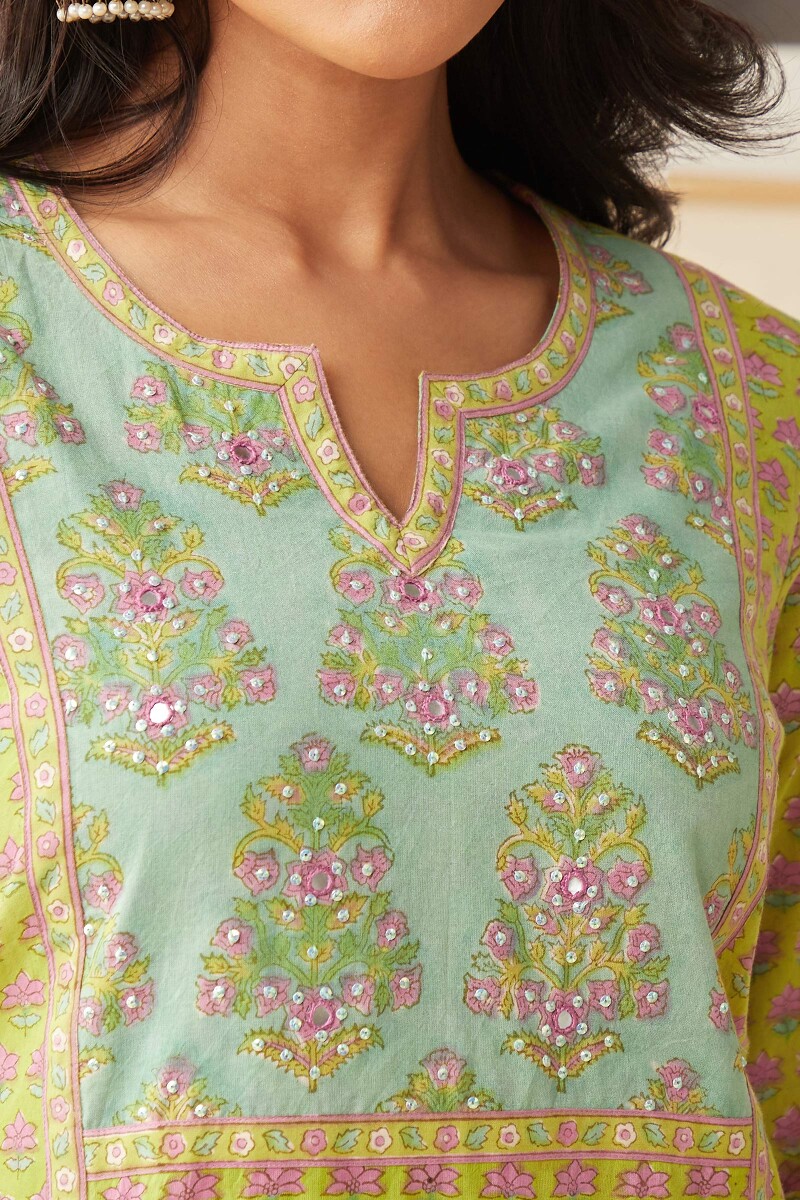 Yellow Hand Block-Printed Straight Cotton Kurta